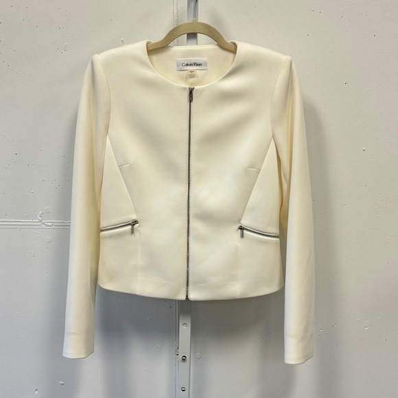 Calvin Klein Jackets & Blazers - Calvin Klein Off White Ivory Zip Front Collarless Blazer Jacket Size 8 Summer